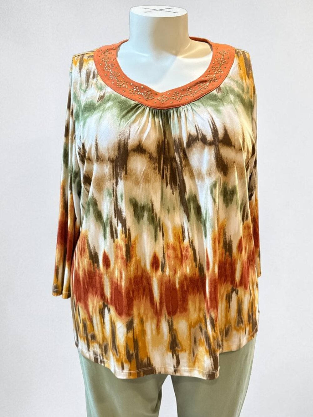 Alfred Dunner Sz 2X Cream Green Burnt Orange & Brown 3/4 Sleeve Beaded Neck Top